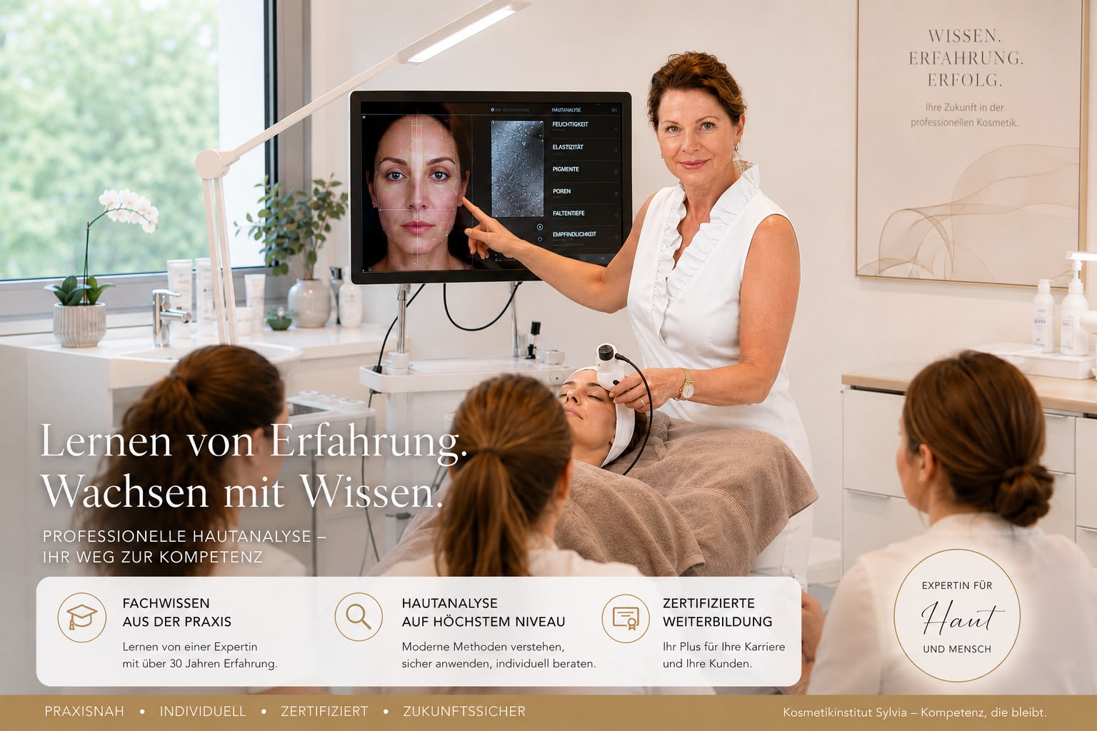 Symbolbild, mit KI erstellt: Sylvia Loh zeigt Teilnehmerinnen eine Hautanalyse am Bildschirm